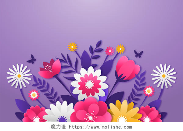 紫色春天剪纸风格春季春天花朵花卉背景